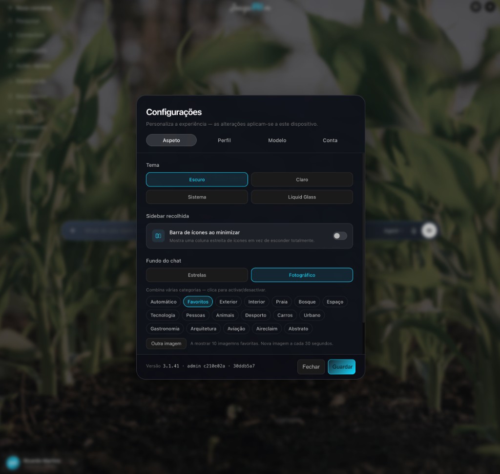 JoaquAIm — modal de configurações de aspeto